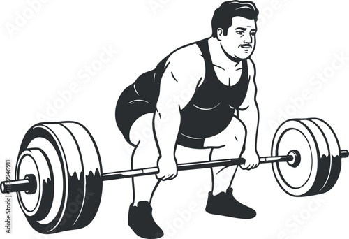 Monochrome vector illustration of a man performing a weightlifting exercise with a barbell, ideal for fitness and gym-related projects