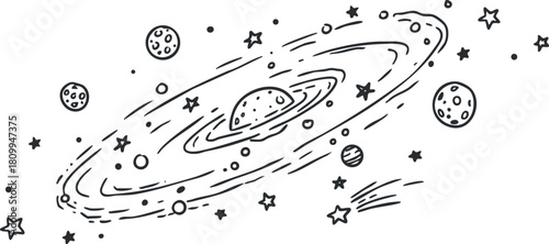 Hand-drawn vector illustration of a galaxy with stars and planets, perfect for educational and creative projects.
