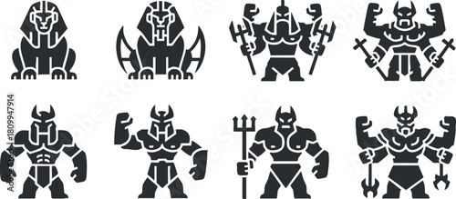 Stylized vector icon set featuring warrior figures and mythical creatures in a bold black and white design for branding or gaming projects