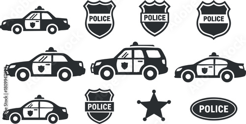 Set of black and white vector illustrations featuring various police vehicles and badges for law enforcement design projects