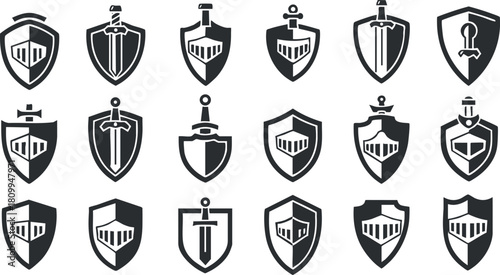 Collection of minimalist black and white vector shields with swords, ideal for security and medieval-themed designs