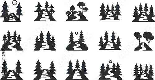 Stylized black silhouette vector icon set depicting serene landscapes with rivers, trees, and natural elements for design projects