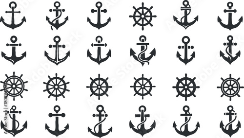 Set of black and white vector icons featuring anchors and steering wheels for nautical and marine themed designs
