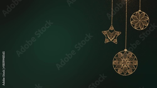 Golden shimmering Christmas decorations on a dark green background. Animation of Christmas toys on the right, free space on the left. 