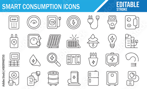Eco-friendly power usage and smart meter line icons