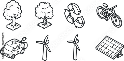 Outline vector icon set featuring nature and renewable energy symbols including trees, bicycle, wind turbines, solar panel, and electric car.