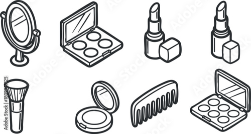 Outline vector illustration of beauty and makeup accessories including lipstick, compact, mirror, and brush for cosmetic branding projects