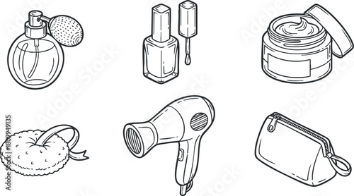 Collection of outline vector illustrations featuring beauty and personal care items like perfume, nail polish, skincare cream, and hair dryer