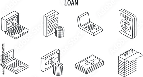 Modern flat design vector illustration of loan-related icons including cash, documents, and digital elements for finance projects