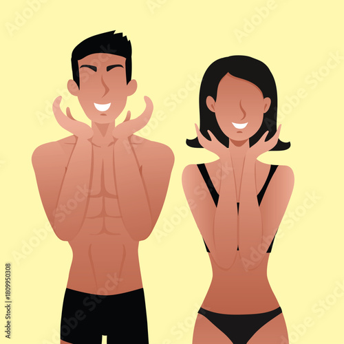 Couple Men and Women Vector Illustration wearing black underwear/undergarment, body inner wear, posing cutely