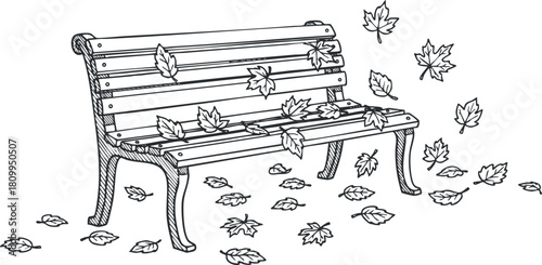Hand-drawn vector illustration of a park bench surrounded by falling leaves, representing autumn and outdoor tranquility