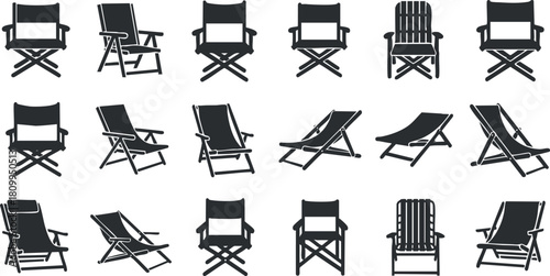 Collection of minimalist black and white vector illustrations featuring various styles of chairs for outdoor and indoor use