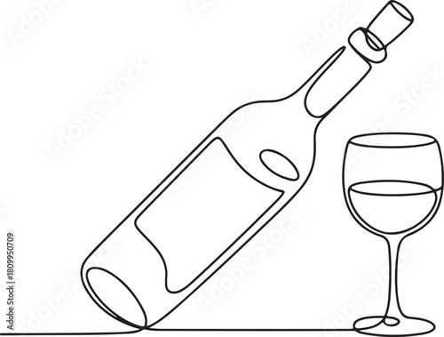 Continuous Line Art Illustration of Open Wine Bottle Cork and Half-Filled Glass Minimal Style