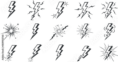 Stylized vector icon set of lightning bolts and electric sparks in a modern minimalist style for graphic design projects