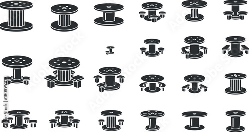 Geometric black and white vector illustration set of various table designs for interior and exterior use