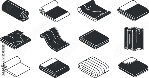Minimalist vector icon set showcasing various types of rolled and folded blankets and towels for home and design applications