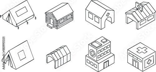 Outline vector illustration set of various buildings including tents, houses, and medical facilities for design projects