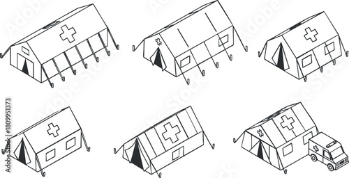 Isometric vector illustration set of medical tents and emergency vehicle for health and disaster response services