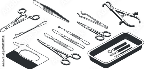 Outline vector illustration of various surgical tools and instruments in a tray for medical and healthcare applications