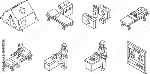 Outline vector icons set of medical emergency services including tent, equipment, staff, and triage signs for healthcare design projects
