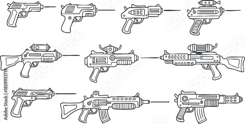 Outline vector illustration set of various guns and pistols for design projects, gaming, and technology themes
