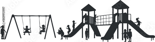 Silhouette vector illustration of a playground scene featuring swings and slides, ideal for children's activities and outdoor design projects