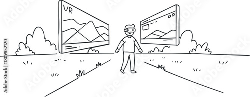 Minimalist line art illustration depicting a user interacting with virtual reality screens in a scenic outdoor setting
