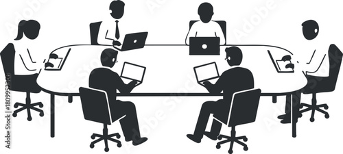 Minimalist black and white vector illustration of a business meeting scene with professionals collaborating at a conference table