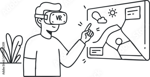 Outline vector illustration of a person using VR technology, interacting with a digital interface showcasing a virtual environment.