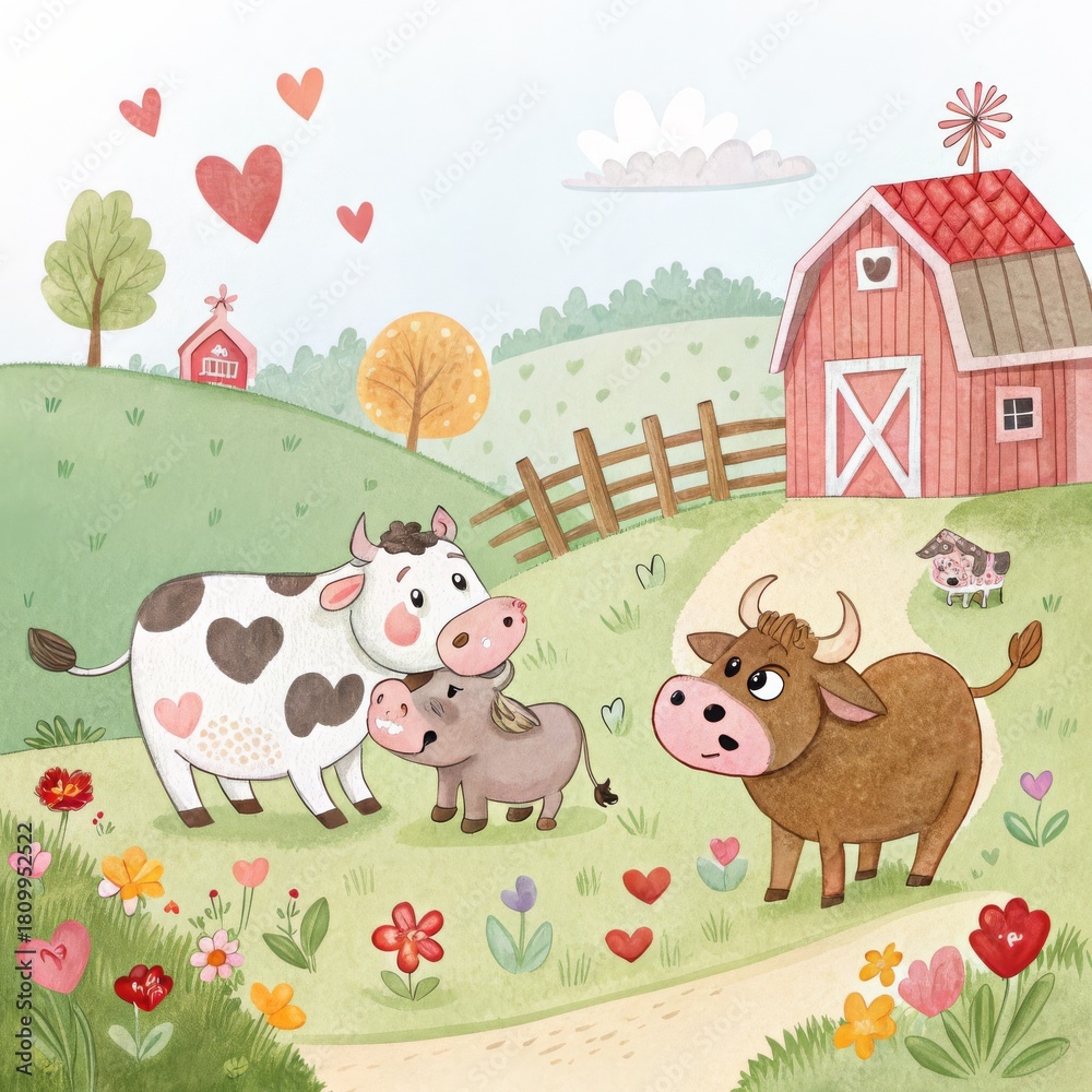Obraz premium Farmyard Family Love A heartwarming watercolor illustration of cows and a calf on a green farm with a red barn and colorful flowers, depicting gentle affection. Farm, Love, Watercolor,