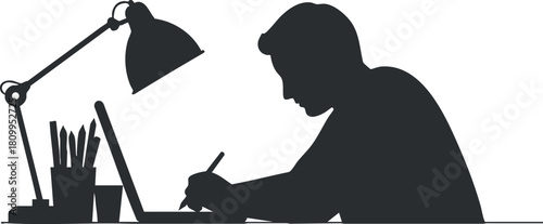 Silhouette vector illustration of a person working at a desk with a lamp, perfect for creative design projects