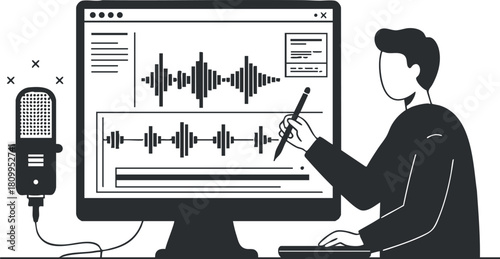 Minimalist black and white vector illustration of a person editing audio on a computer screen for media projects