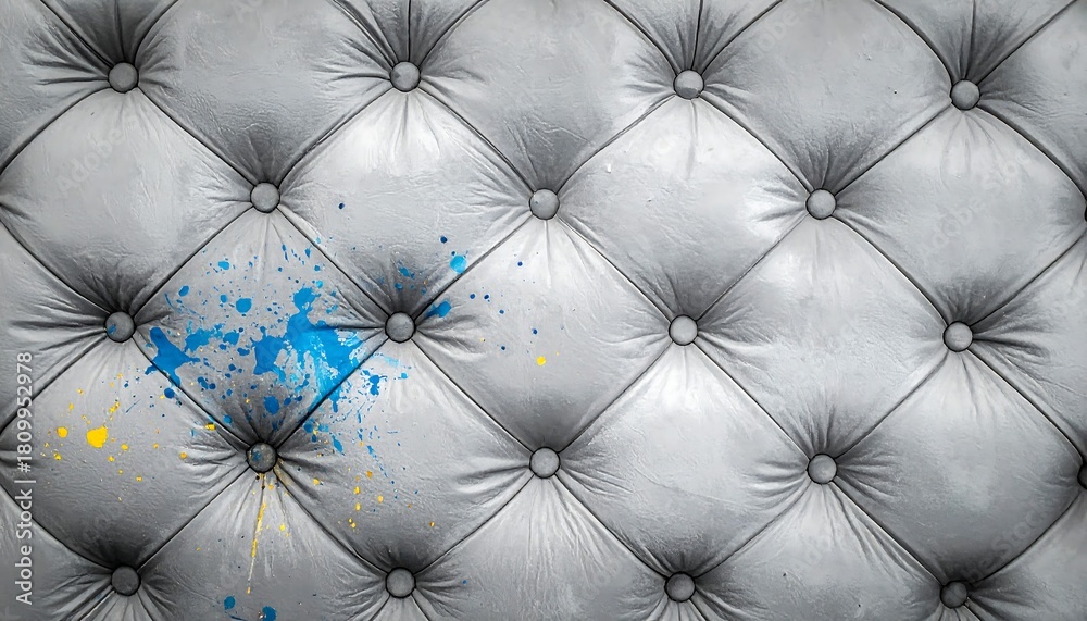 Obraz premium Close-up of buttoned, tufted white upholstery with paint splatter