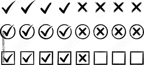 Hand drawn check marks and cross marks set