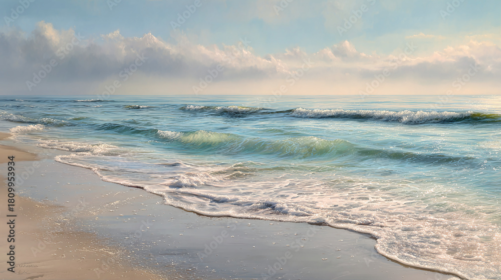 Fototapeta premium An ocean seascape captured at eye level on a sunny day. The scene depicts a sandy beach stretching towards the sea under a cloudy sky. The ocean waves gently wash over the shoreline.