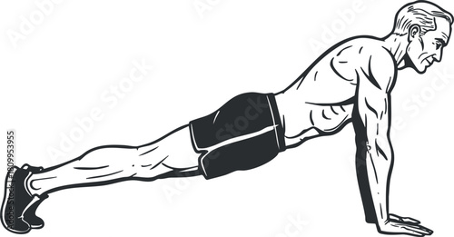 Dynamic vector illustration of a male performing a push-up exercise for fitness and training concepts.