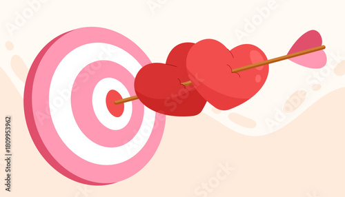 Two hearts pierced by the arrow on pink target for Valentine's day. Flat vector illustration for love decoration, print, banner, sticker, wedding invitation card. Love archery and target.