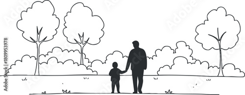 Minimalist black and white vector illustration of a parent holding a child's hand in a natural outdoor setting.