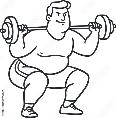 Line art vector illustration of a man performing a squat with a barbell, ideal for fitness and health projects