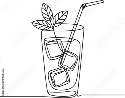 Continuous Line Art Illustration of Tall Glass with Mint Ice Cubes and Straw Fresh Minimalist Black Line