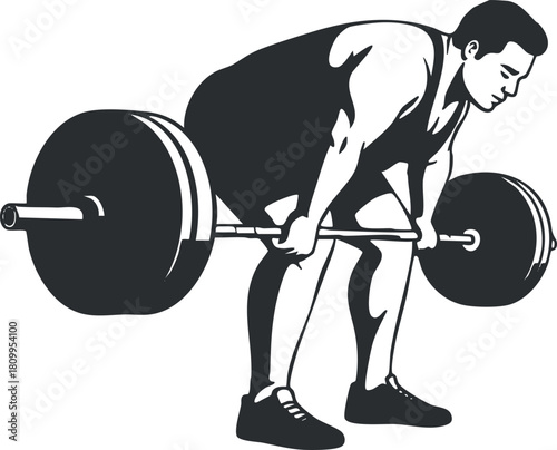Stylized vector illustration of a male weightlifter performing a deadlift with a barbell, perfect for fitness and health themes