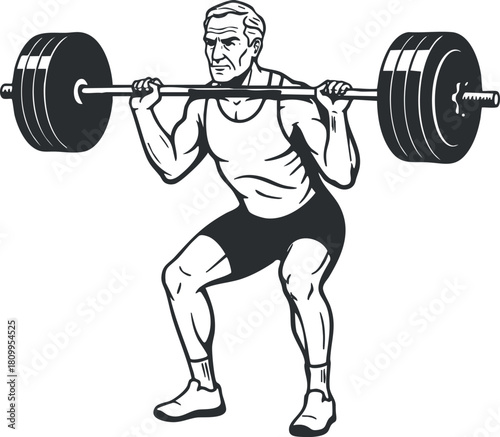 Vector illustration of a muscular man performing a weightlifting squat with a barbell for fitness and workout design.