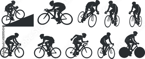 Silhouette vector icon set showing various cycling postures and actions, ideal for sports and fitness designs