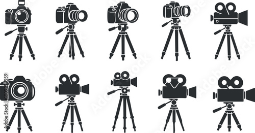 Collection of black silhouette vector icons featuring various cameras and tripods for photography and videography projects
