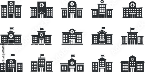 Set of minimalist vector icons depicting various hospital buildings and healthcare facilities in flat design style