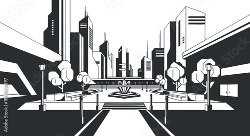 Minimalist black and white vector illustration of a modern urban landscape featuring a central fountain and geometric buildings.