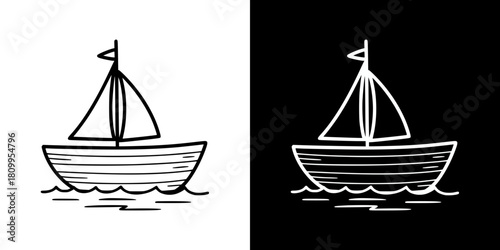Hand-drawn sailboat illustration, isolated vector image, two versions on transparent and black backgrounds, pencil drawing, chalk drawing
