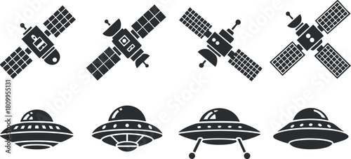 Set of black and white vector icons depicting satellites and UFOs for technology and space-themed projects