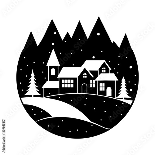 Silhouette illustration depicting a quaint village scene with a church and houses nestled among snowy mountains under a falling snow sky, enclosed in a circular frame isolated on