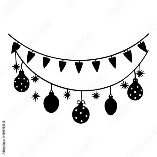 Simple black silhouette of a festive string of holiday lights featuring pennant banners and hanging christmas ornaments with polka dot detail, isolated on